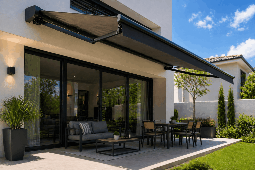 Modern patio with a large black retractable awning over sliding glass doors, outdoor seating and dining area on a sunny backyard patio.
