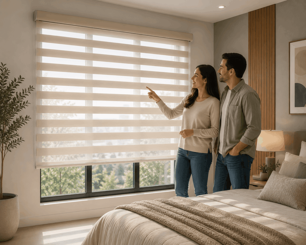 Couple stands by a large bedroom window, pointing at beige horizontal blinds as sunlight filters through.