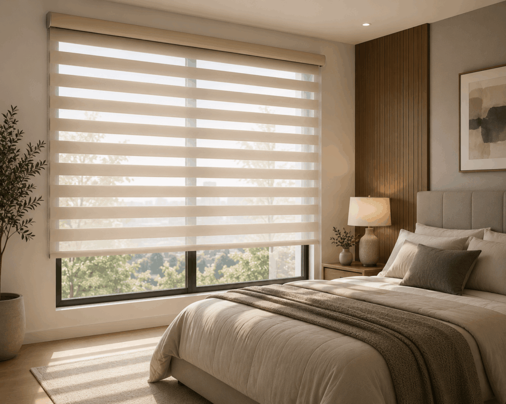 Cozy modern bedroom with a beige bed, matching linens, wooden accent wall, and large striped window blinds.