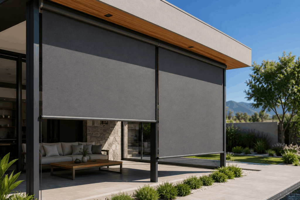 Modern patio with gray retractable outdoor shades over a seating area.