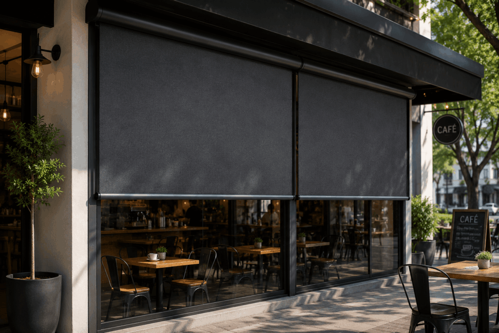 Cafe storefront with large dark shade panels rolled down over the windows and outdoor wooden tables with metal chairs outside.